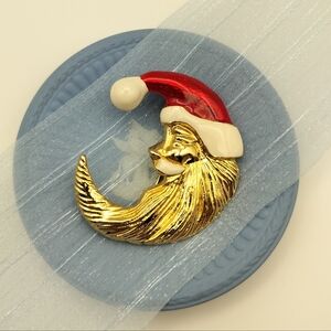 Vintage AAi Signed Gold Tone and Red Santa Moon Brooch, Christmas Holidays